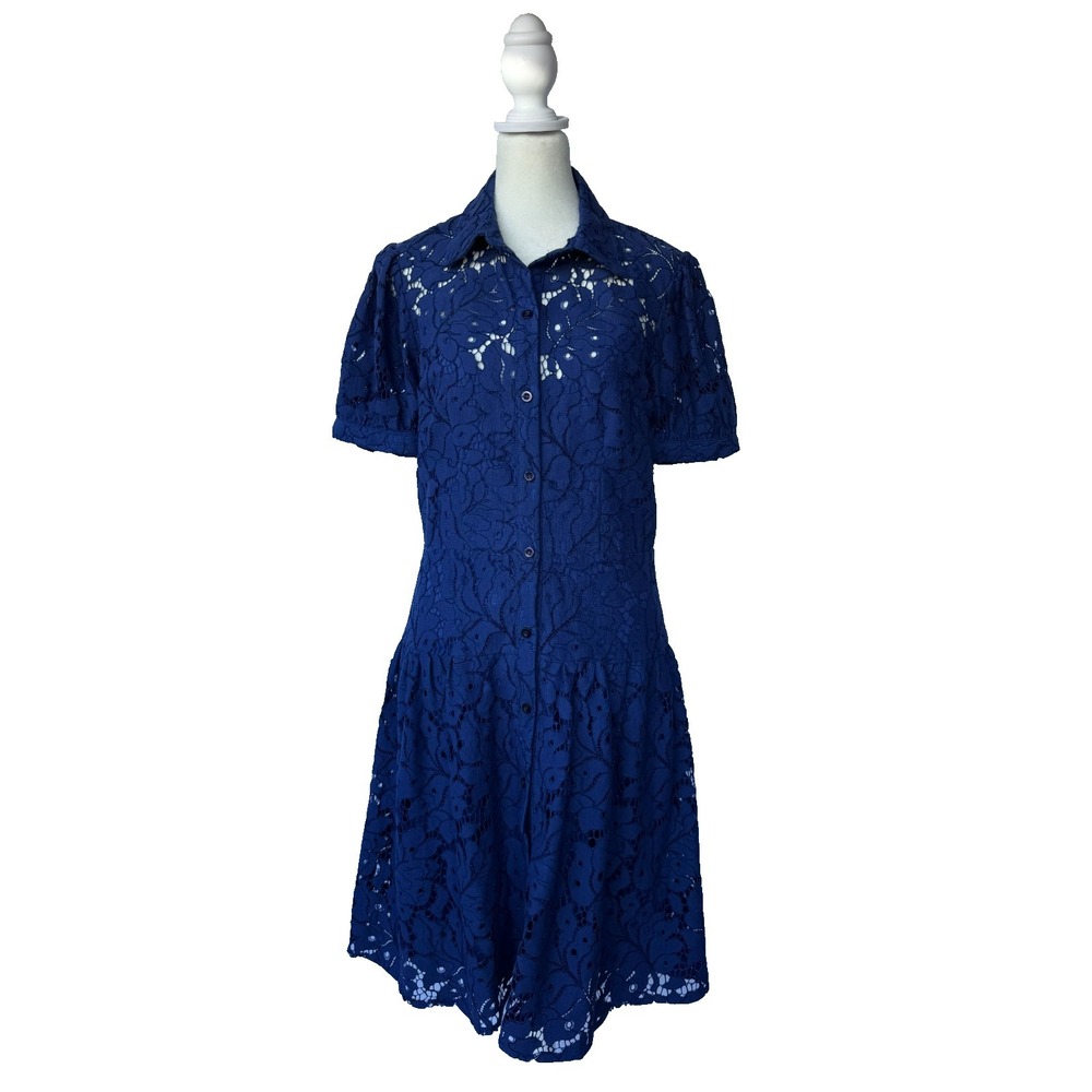 Maggy London Blue Lace Dress US‎ 6 Button Front Fit Flare Romantic Cottagecore